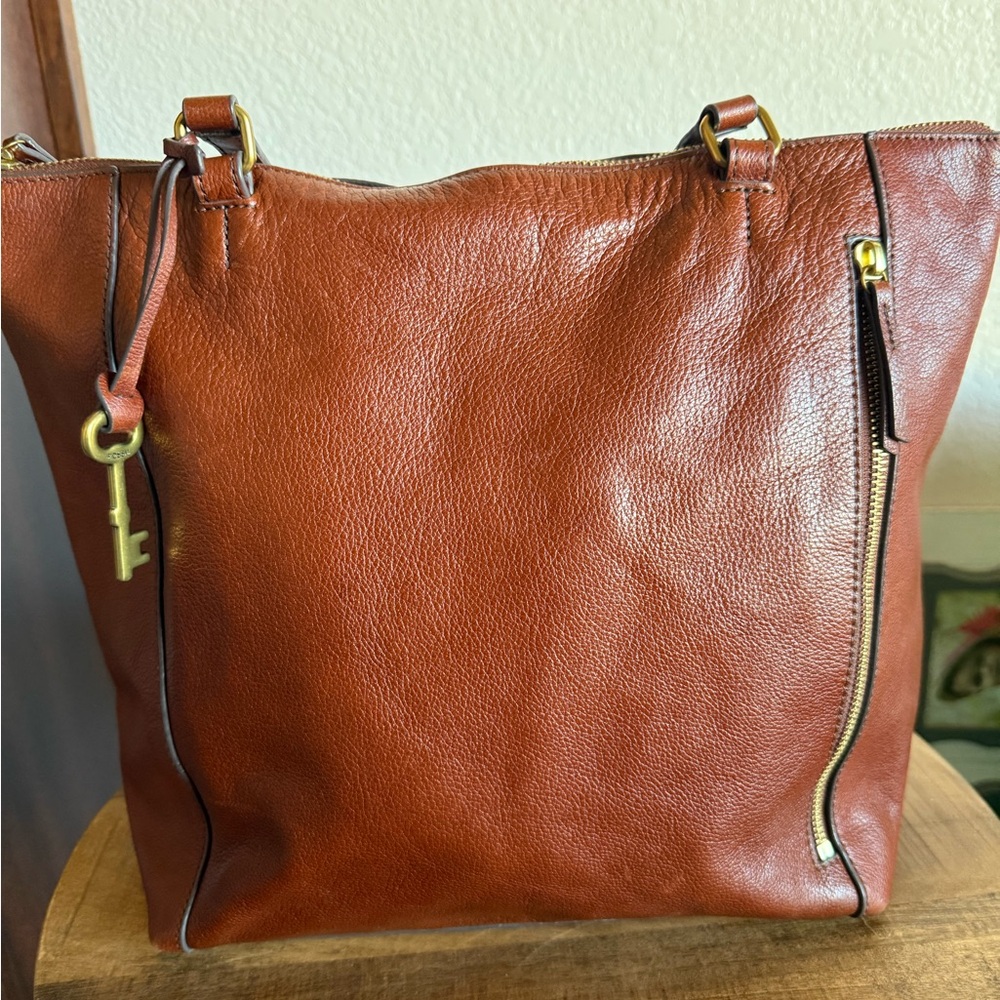 Tara Fossil Brown Leather Tote with Key Charm